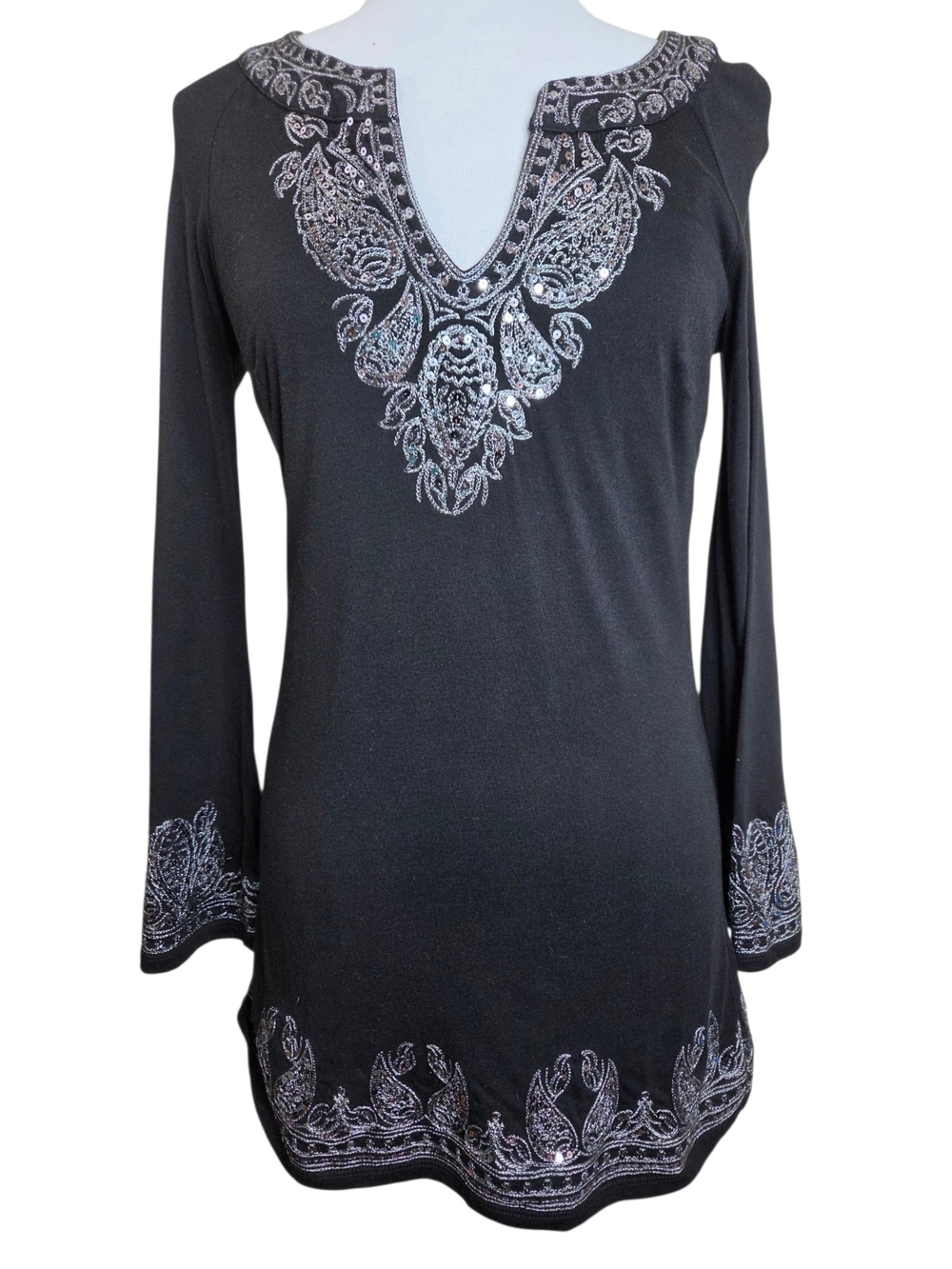 INC International Concepts Black Embroidered Tunic Top | Medium | Metallic V-Nec - Picture 2 of 16